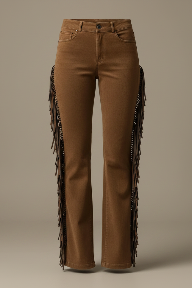 Pantalon Marron Franges Daim Évasé Vintage - Cordé - vue 3