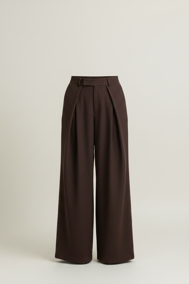 Pantalon Marron Plissé Ample Fluide Élégant Femme - Polyester - vue 3