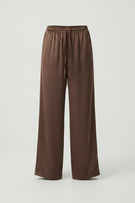 Pantalon Marron Satiné Fluide Droit Ample Élégant - vue 3