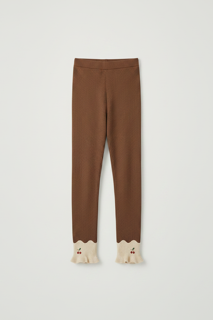 Pantalon Marron Côtelé Extensible Broderie Cerise Fille - Maille - vue 3