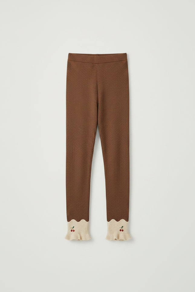 Pantalon Marron Côtelé Extensible Broderie Cerise Fille - Maille - vue 3