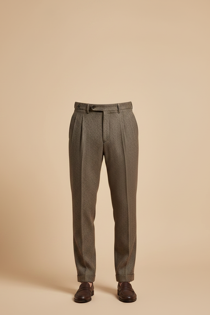 Pantalon Marron Laine Plissé Droit Homme Élégant - Tweed - vue 3