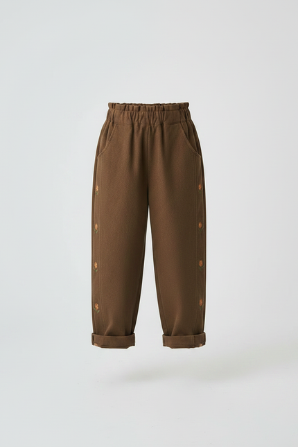 Pantalon Marron Brodé, Coton, Ample, Taille Élastique, Fille - Molleton - vue 3