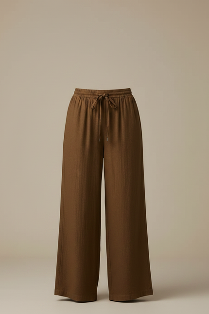 Pantalon Marron Lin Ample Cordon Femme Décontracté - vue 3