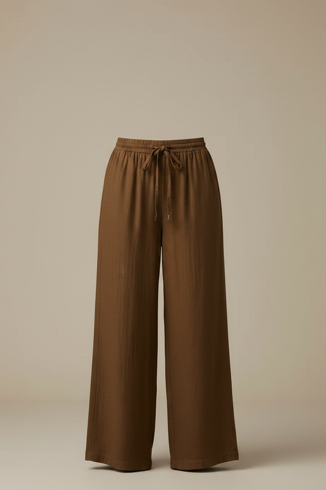 Pantalon Marron Lin Ample Cordon Femme Décontracté - vue 3