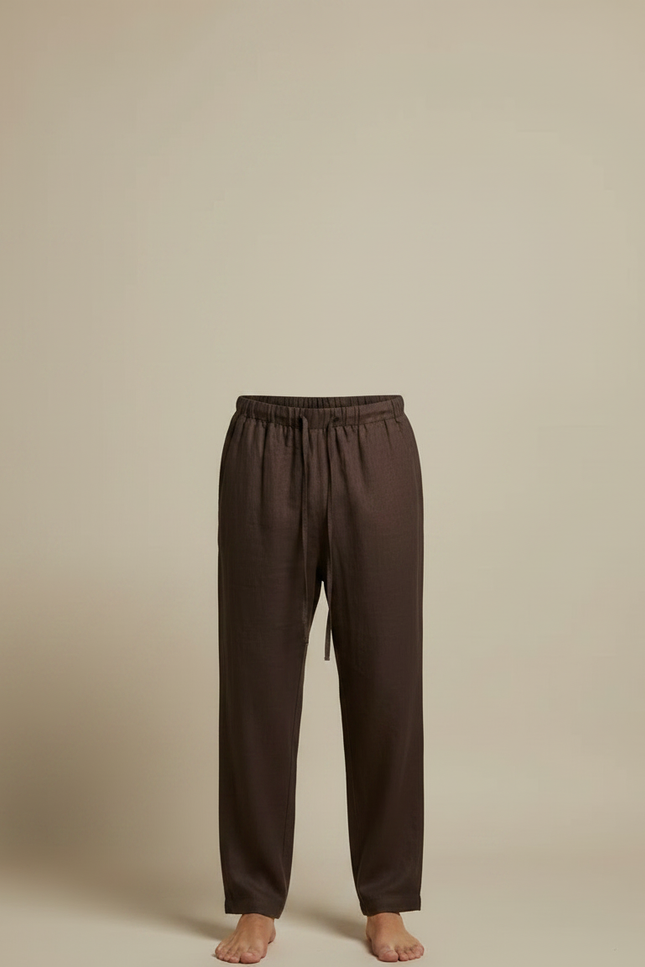 Pantalon Marron Lin Ample Décontracté Léger Droit - vue 3