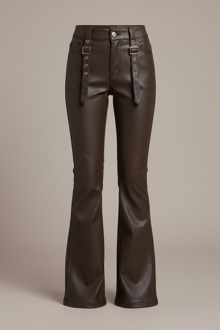 Pantalon Marron Similicuir Évasé Taille Haute Fille - Simili cuir - vue 3