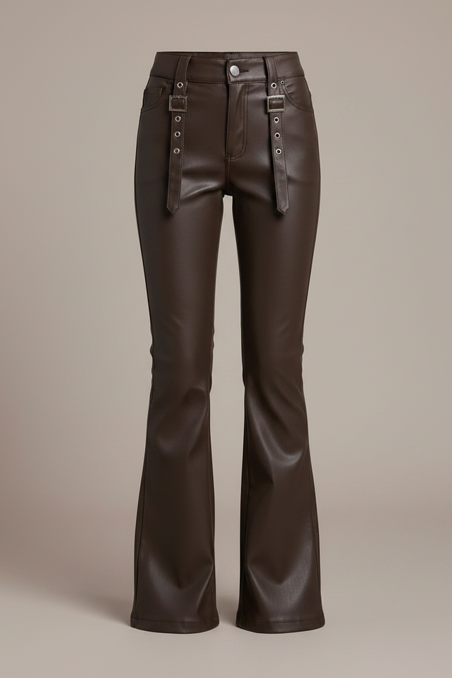 Pantalon Marron Similicuir Évasé Taille Haute Fille - Simili cuir - vue 3