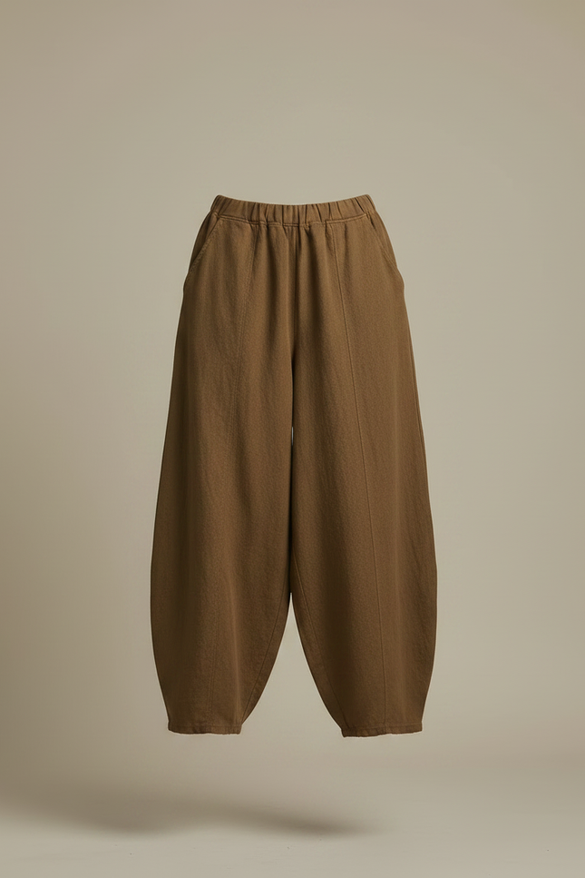 Pantalon Marron Ample Lin Coton Élastique Femme - Kaki - vue 3