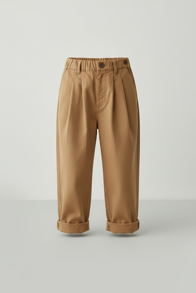 Pantalon Marron Ample Plissé Coton Enfant Décontracté - vue 3