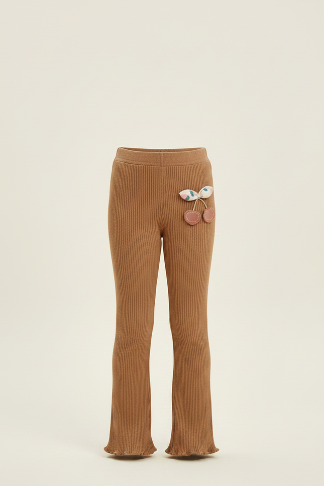 Pantalon Marron Côtelé Évasé Fille Cerises Confortable - Maille - vue 3