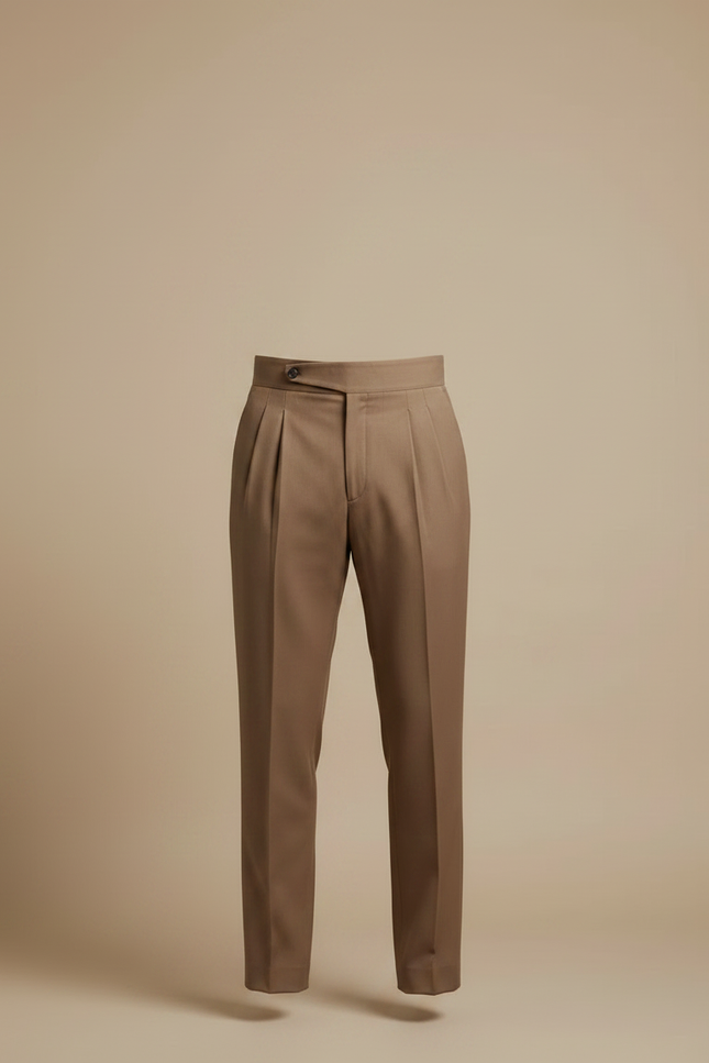 Pantalon Marron Homme Plissé Taille Haute Élégant Slim Fit - Gabardine - vue 3