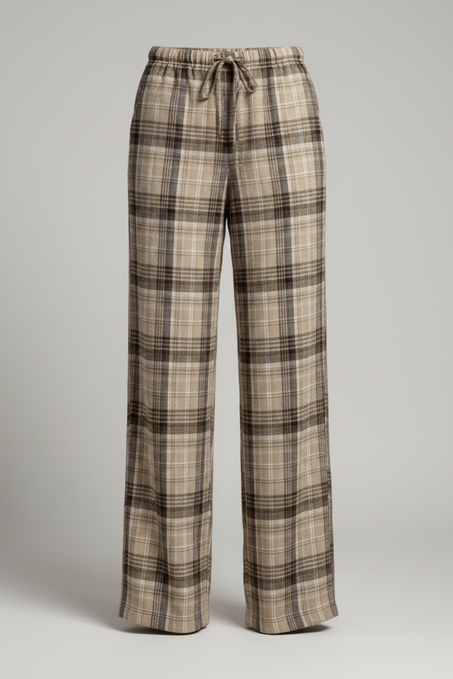 Pantalon Marron Carreaux Ample Fluide Décontracté Femme - Laine - vue 3