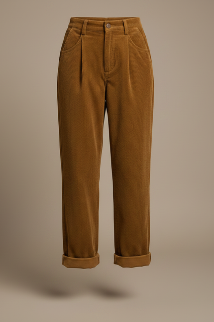 Pantalon Marron Côtelé Taille Haute Ample Droit - Cordé - vue 3
