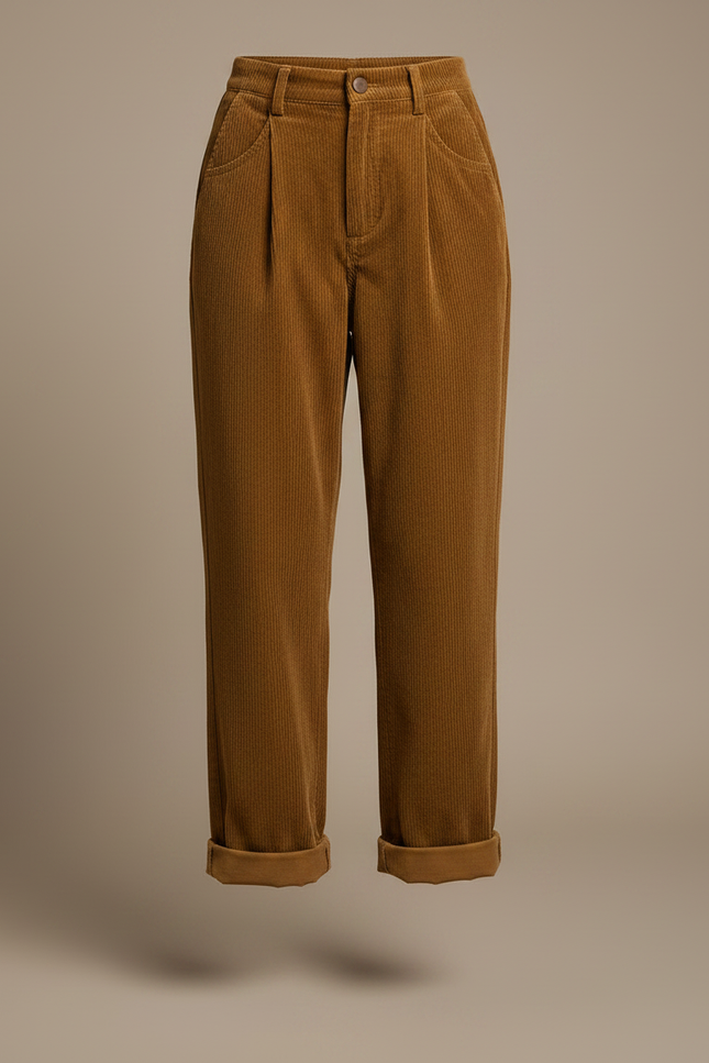 Pantalon Marron Côtelé Taille Haute Ample Droit - Cordé - vue 3