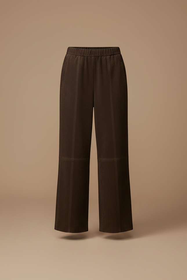 Pantalon Marron Suédé Taille Élastique Large Droit - Cuir - vue 3