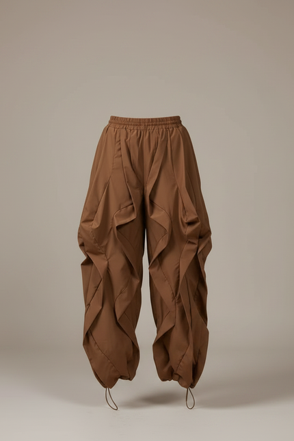 Pantalon Marron Cargo Plissé Ample Femme Streetwear - Polyester - vue 3