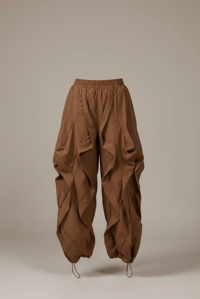 Pantalon Marron Cargo Plissé Ample Femme Streetwear - Polyester - vue 3