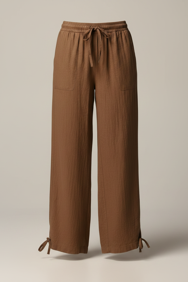 Pantalon Marron Lin Ample Fluide Cordon Femme - vue 3