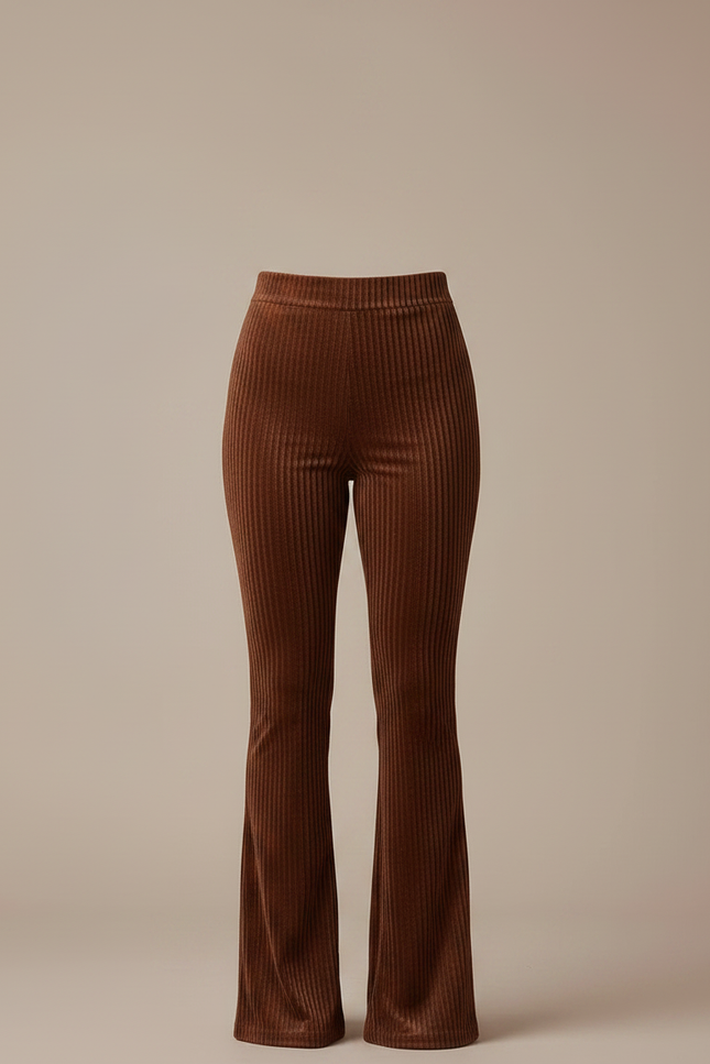 Pantalon Marron Velours Côtelé Évasé Taille Haute Femme - Cordé - vue 3
