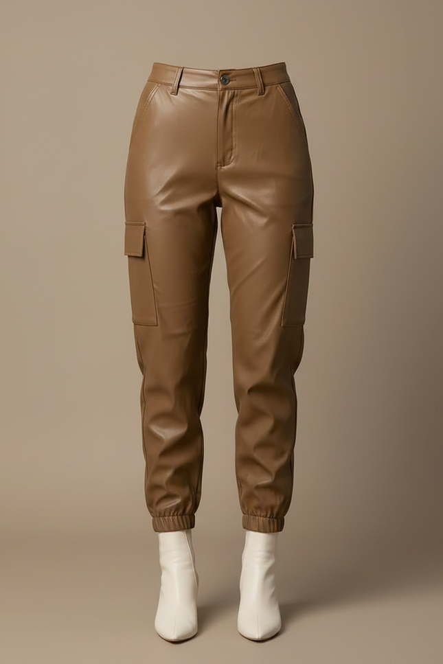 Pantalon Marron Cargo Similicuir Taille Haute Femme - Simili cuir - vue 3