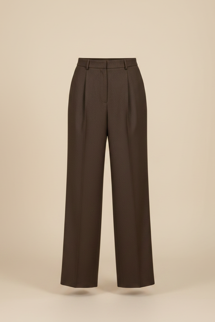 Pantalon Marron Laine Plissé Taille Haute Droit Élégant - vue 3
