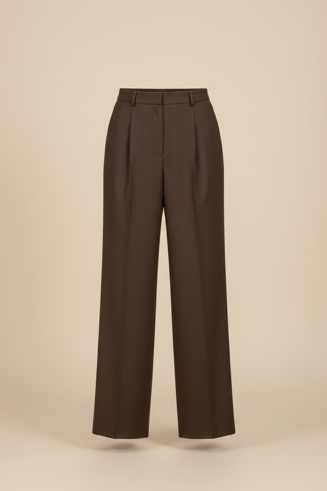 Pantalon Marron Laine Plissé Taille Haute Droit Élégant - vue 3