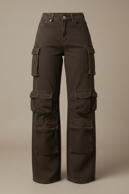 Pantalon Marron Cargo Ample Taille Haute Poches Femme - Toile - vue 3
