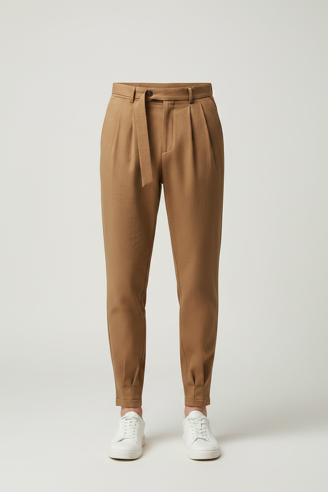 Pantalon Marron Plissé Ceinturé Élégant Décontracté Homme - Gabardine - vue 3