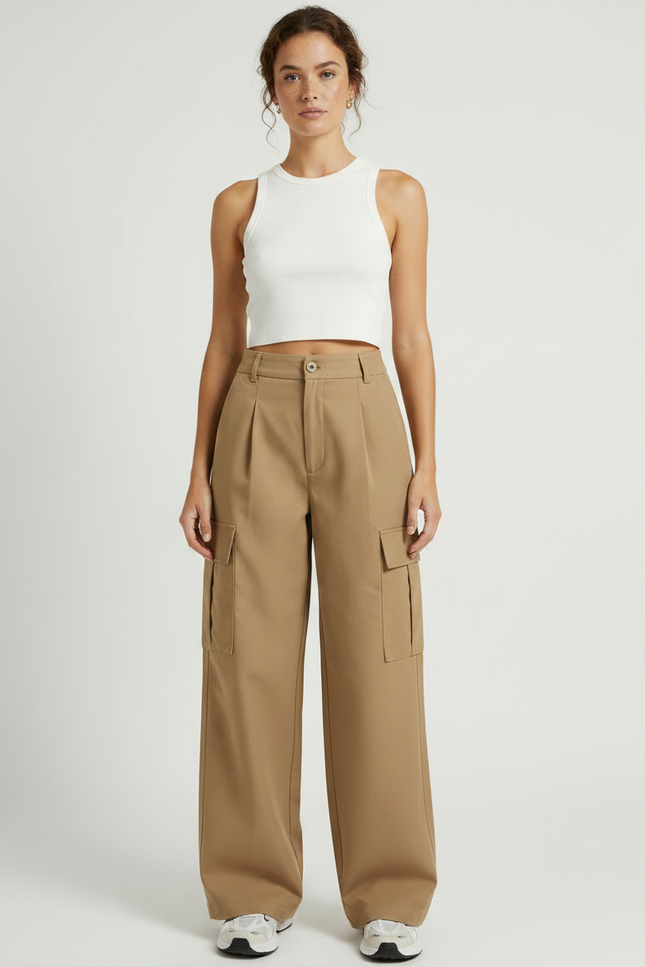 Pantalon Cargo Marron Femme - Camel Gabardine - vue 3