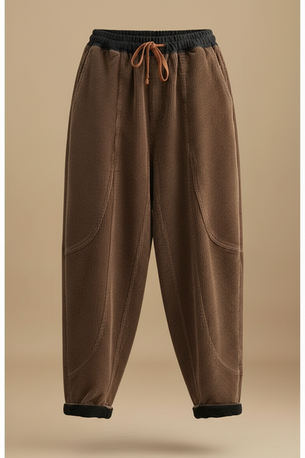 Pantalon Marron Côtelé Doublé Polaire Ample Hiver Femme - Cordé - vue 3