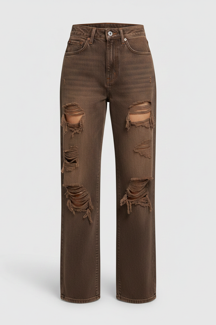 Pantalon Marron Déchiré Vintage Délavé Droit Femme - Jean - vue 3