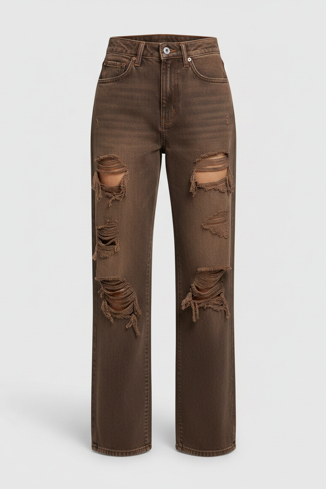 Pantalon Marron Déchiré Vintage Délavé Droit Femme - Jean - vue 3