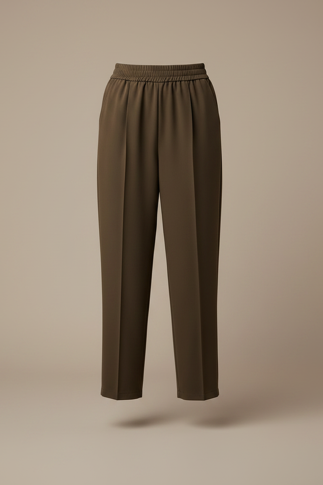 Pantalon Marron Ample Taille Haute Plissé Élastiqué - Kaki Polyester - vue 3