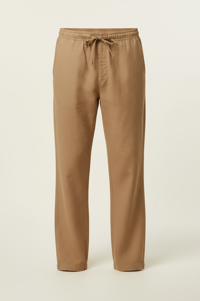 Pantalon Marron Coton Lin Ample Décontracté Homme - Camel - vue 3