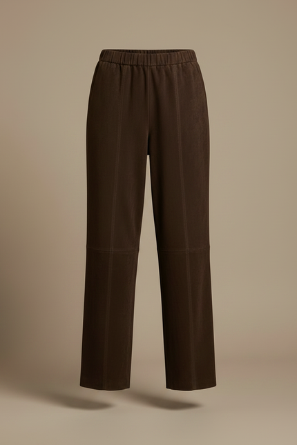 Pantalon Marron Suédé Taille Élastique Droit Femme - Cuir - vue 3
