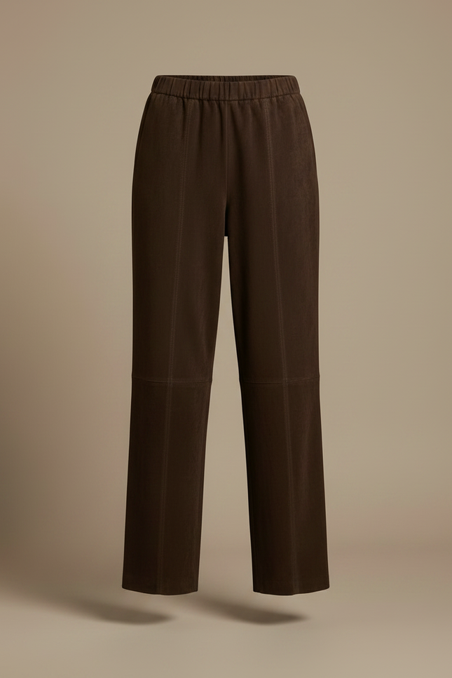 Pantalon Marron Suédé Taille Élastique Droit Femme - Cuir - vue 3