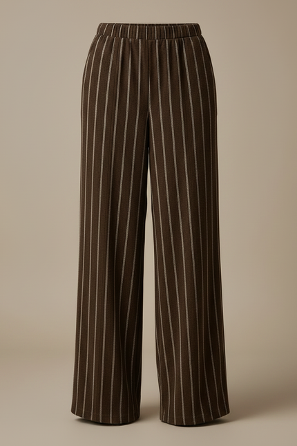 Pantalon Marron Large Rayé Élégant Taille Haute Fluide - Viscose - vue 3