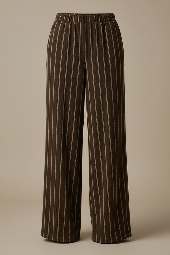 Pantalon Marron Large Rayé Élégant Taille Haute Fluide - Viscose - vue 3