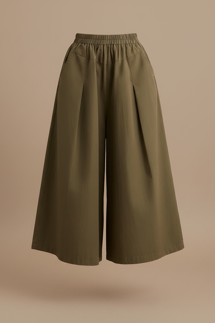 Pantalon Marron Ample Coton Plissé Décontracté Femme - Kaki - vue 3