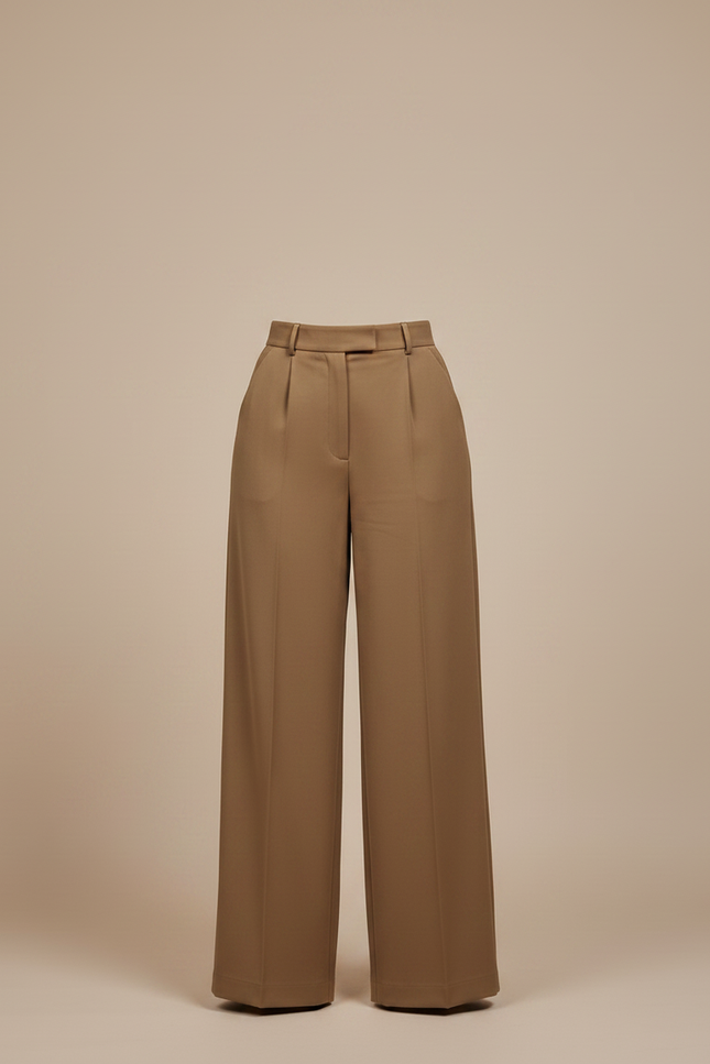 Pantalon Marron Ample Taille Haute Élégant Femme - Gabardine - vue 3