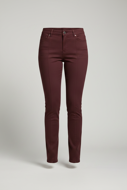 Pantalon Marron Slim, Taille Moyenne, Élégant, Femme - Bordeaux Gabardine - vue 3