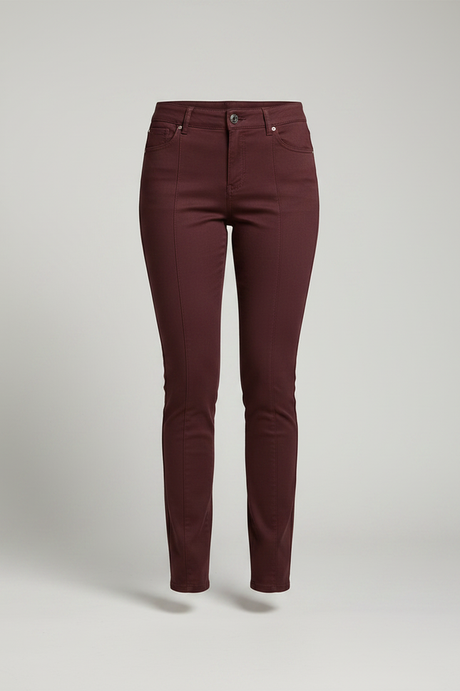 Pantalon Marron Slim, Taille Moyenne, Élégant, Femme - Bordeaux Gabardine - vue 3