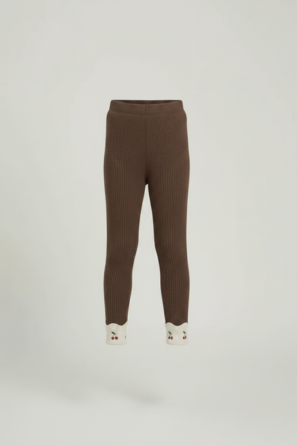Pantalon Marron Côtelé Fille Brodé Cerises Confortable - Maille - vue 3