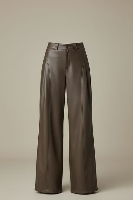 Pantalon Marron Cuir PU Ample Taille Haute Droit - Simili cuir - vue 3