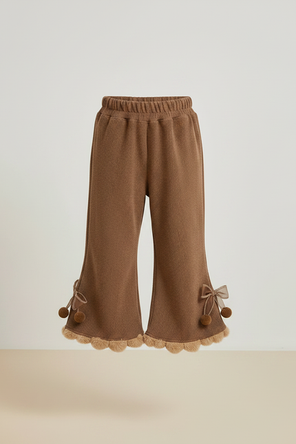 Pantalon Marron Côtelé Évasé Pompons Fille Hiver - Maille - vue 3