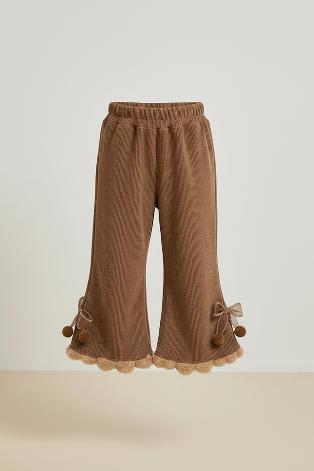 Pantalon Marron Côtelé Évasé Pompons Fille Hiver - Maille - vue 3