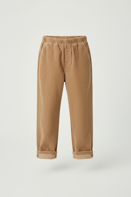 Pantalon Marron Côtelé Ample Élastiqué Enfant Garçon - Camel Cordé - vue 3