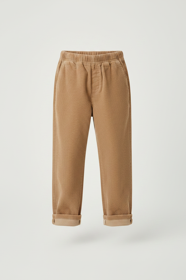 Pantalon Marron Côtelé Ample Élastiqué Enfant Garçon - Camel Cordé - vue 3