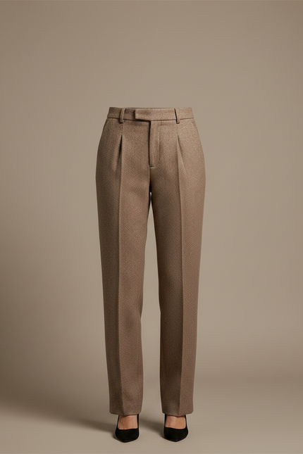 Pantalon Marron Tweed Taille Haute Plissé Décontracté Élégant - vue 3